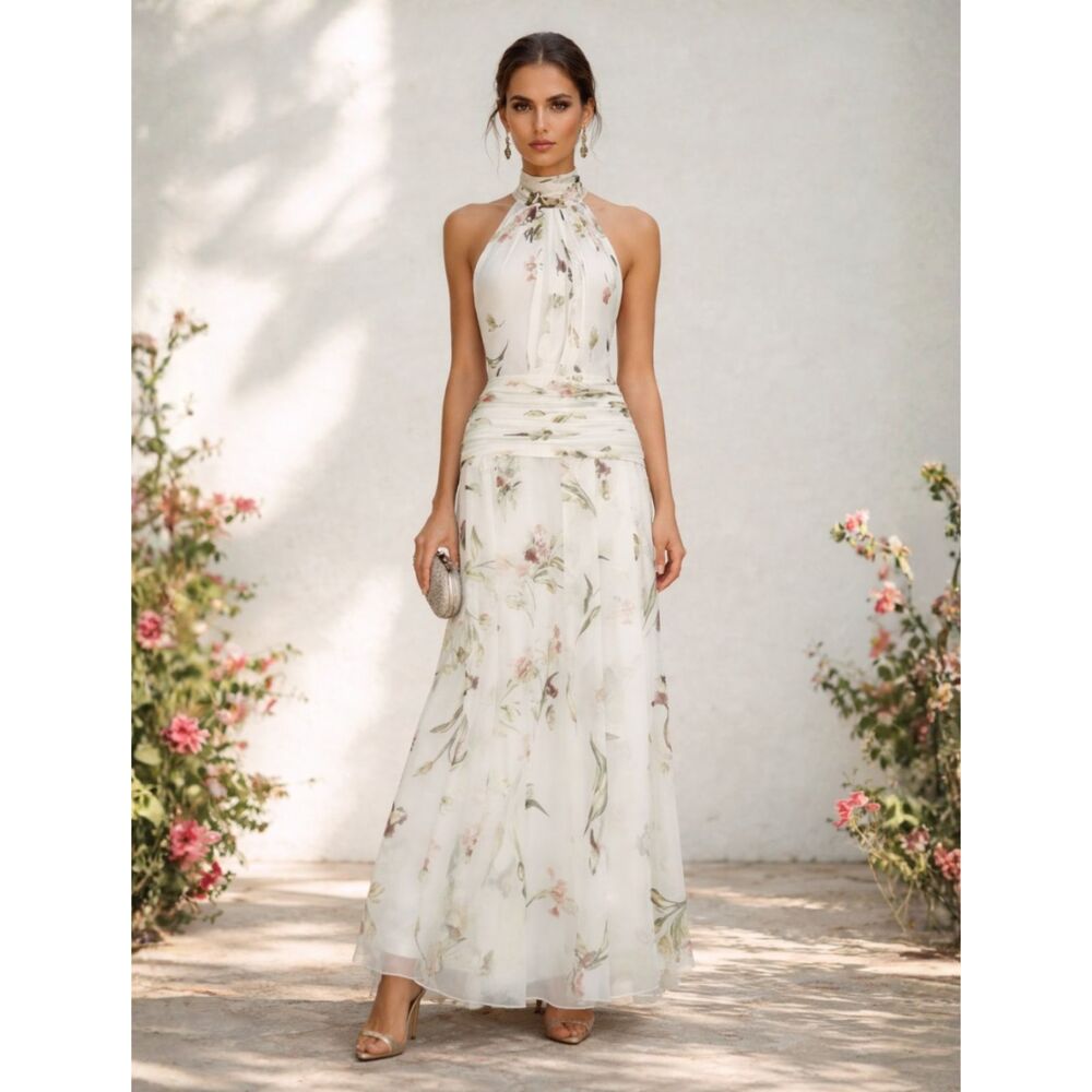 NWT Fehaute Sheer Lined Floral Halter Maxi Dress Sz 6 Ivory Pink Tie Neck